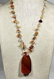 Vintage Carnelian Stone Shard Beaded Necklace Having Large Pendant