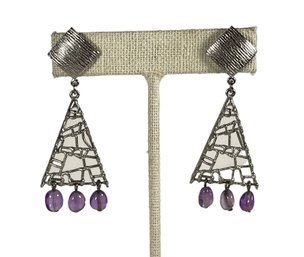 Pair Fine Sterling Silver Modernist Pierced Earrings W Amethyst Stones