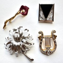 3 Vintage Pins With Flowers & Harp & Scarf Clip