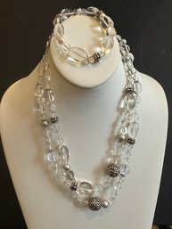 Clear Quartz And Grey Pearl Necklace And Matching Bracelet