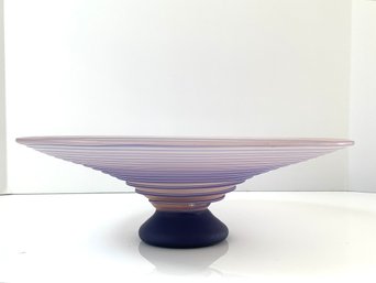 Modern Italian Design / Large Glass Pedestal Bowl In Striped Pale Lavender