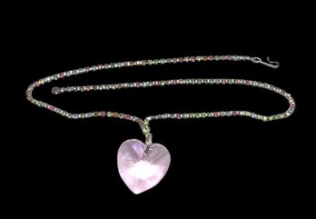 Vintage Colorful Rhinestone Chain And Pink Iridescent Heart Pendant