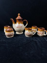 Vintage 3 Tone Brown Glazed Wheat Harvest Pattern - Teapot, Sugar, Creamer And Cups