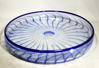 Fine Hand Blown Art Glass Optic Swirl Cobalt Flat Formed Bowl