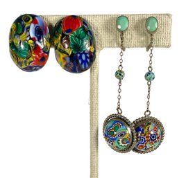 Two Pair Fine Vintage Art Glass Millefiori Earrings Drop & Clip