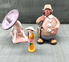 Lot Of 3 Ceramic Figurines, Including A Signed Sara Meadows Whimsical Golfer Figurine