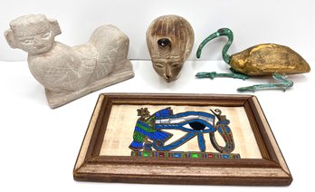 Vintage Egyptian Painting On Papyrus, Ibis Figurine & 2 Carved Stone Statuettes