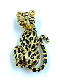 Goldtone Leopard Brooch W/ Rhinestone Eyes & Collar