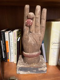 Folk Art Hand With Ball Wood Carved Sculpture