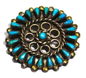 Southwestern Zuni Native American Indian Turquoise Sterling Silver Brooch