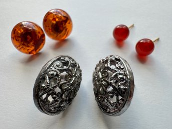 2 Pairs Natural Amber Stud Earrings & Small Silver Earrings, Unmarked