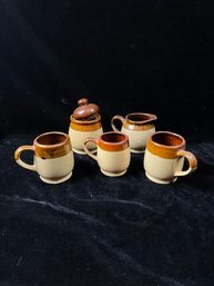 Vintage Brown Stoneware Tea Pot, Sugar, Creamer And Mugs