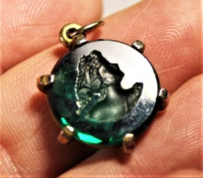 Silver Tone Pendant Having Intaglio Green/blue Glass Cameo