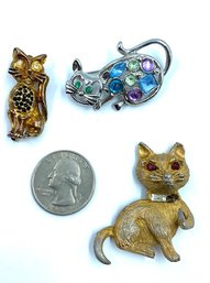 3 Vintage Cat Brooches W/ Rhinestone Detail