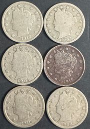 Lot Of 6 V Nickels 1905, 1907, 1908, 1910, 1911, 1912