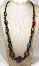 Extravagant Silver, Coral, Turquoise, Jade Beaded Necklace