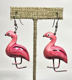 Carved Wood Painted Pink Flamingo 1980s Pierced Earrings