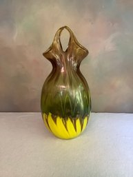 Mid-Century Modern Hand Blown Green And Yellow Art Glass Vase