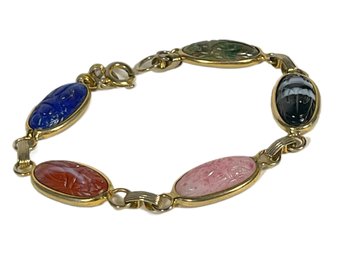 Vintage Gold Tone Elongated Glass Scarab Link Bracelet