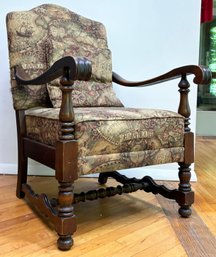 An Antique Mahogany Arm Chair - In Map Print Tapestry