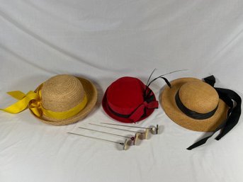 3 Ladies Hats Straw And Geo W. Bellman Wool Hat And 4 Cameo Hat Pins 9'