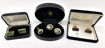 3 Pairs New In Box Japanese Cufflinks: Jade, Cat's Eye & Striped Agate