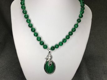 Wonderful Brand New 18' Necklace With Malachite Beads With Sterling Silver Snake & Clasp - Very Nice Piece !