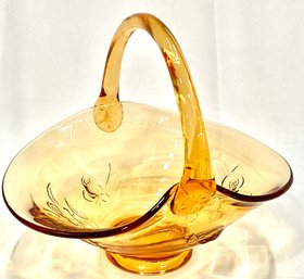 Vintage Rose Pattern Amber Glass Basket