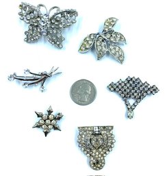 Collection Of Vintage Clear Rhinestone Brooches & 1 Dress Clip