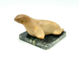 Vintage Alabaster Seal Sculpture Signed JH