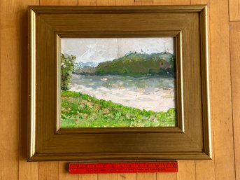 Original Waterfront Landscape Oil On Board Unsigned 21x18 Gold Frame