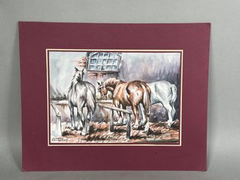Beautiful Original Watercolor Of Horses By Costa Rican Artist 'Vince'