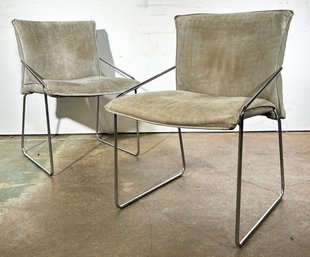 A Pair Of Vintage Modern Chairs In Chrome And Suede