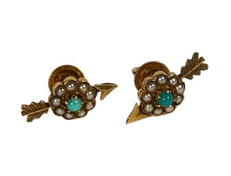 14K Gold Pierced Earrings Pearl & Turquoise Arrow Studs