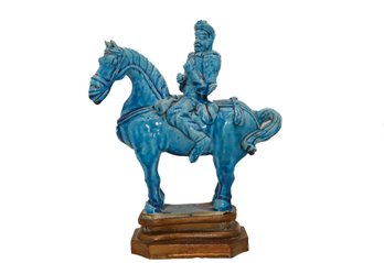 Vintage Glazed Cracked Blue Ceramic  Man On The  Horse On Metal Base