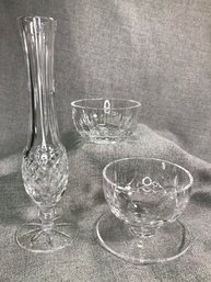 Three Assorted Pieces WATERFORD Cut Crystal - Tall Bud Vase - Bowl - Footed Bowl - ALL Good Condition !