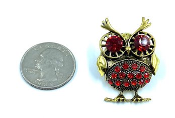 Goldtone & Red Rhinestone Brutalist Owl Brooch