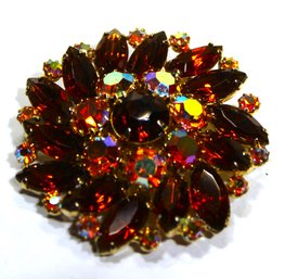 Large Signed WEISS Aurora Borealis Rhinestone Circular Brooch