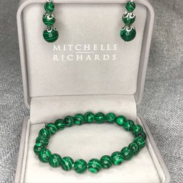 Very Pretty Brand New Malachite Earrings & Bracelet Set - Sterling Silver / 925 Spacers & Mounts - $195 Retail