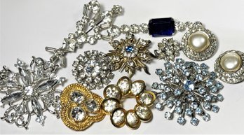 Lot 10 Pieces Vintage Rhinestone Brooches And One Pair Of Clip Earrings