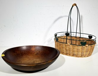 An Antique Dough Bowl And Serving Basket