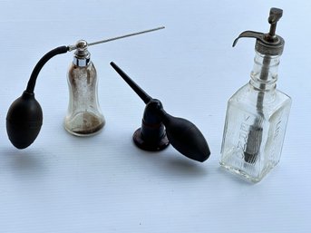 Vintage DeVilbiss Powder Blower Atomizer Glass Bottle Sprayer, Nose & Sinus Atomizer & Vernon Glass For Creams