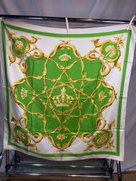 Hermes Paris Scarf Green Gold Crowns No Tags 35x36'