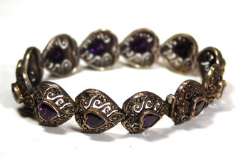 Very Fine Heavy Sterling Silver Heart Link Bracelet Genuine Amethysts Marcasites