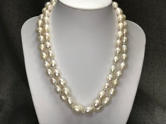 Fabulous Extra Long (34') Strand Of Genuine Cultured Beehive Pearls - Sterling Silver Clasp - Very Pretty !