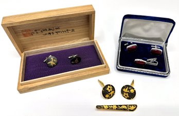 3 Pairs Japanese Cufflinks, 2 With Matching Tie Clips: Japanese Damascene, Jasper & Engraved