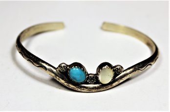 Vintage Southwestern Sterling Silver Cuff Bracelet Mother Of Pearl Turquoise