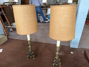 Pair Tall Brass Lamps With Burlap Shades