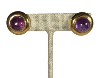 Pair 14K Gold Cabochon Amethyst Pierced Earrings