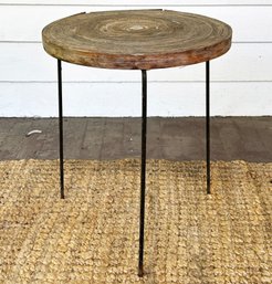 A Vintage Rolled Wood Side Table On Metal Base